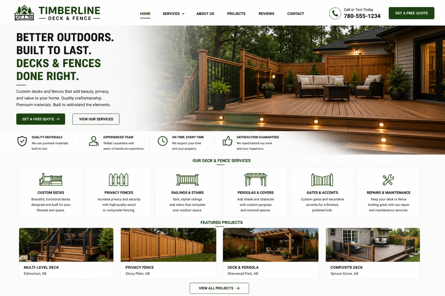 Deck and fence builder website example built by Northern Peak Systems