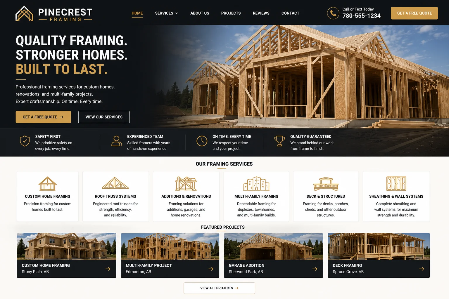 Framing contractor website example built by Northern Peak Systems