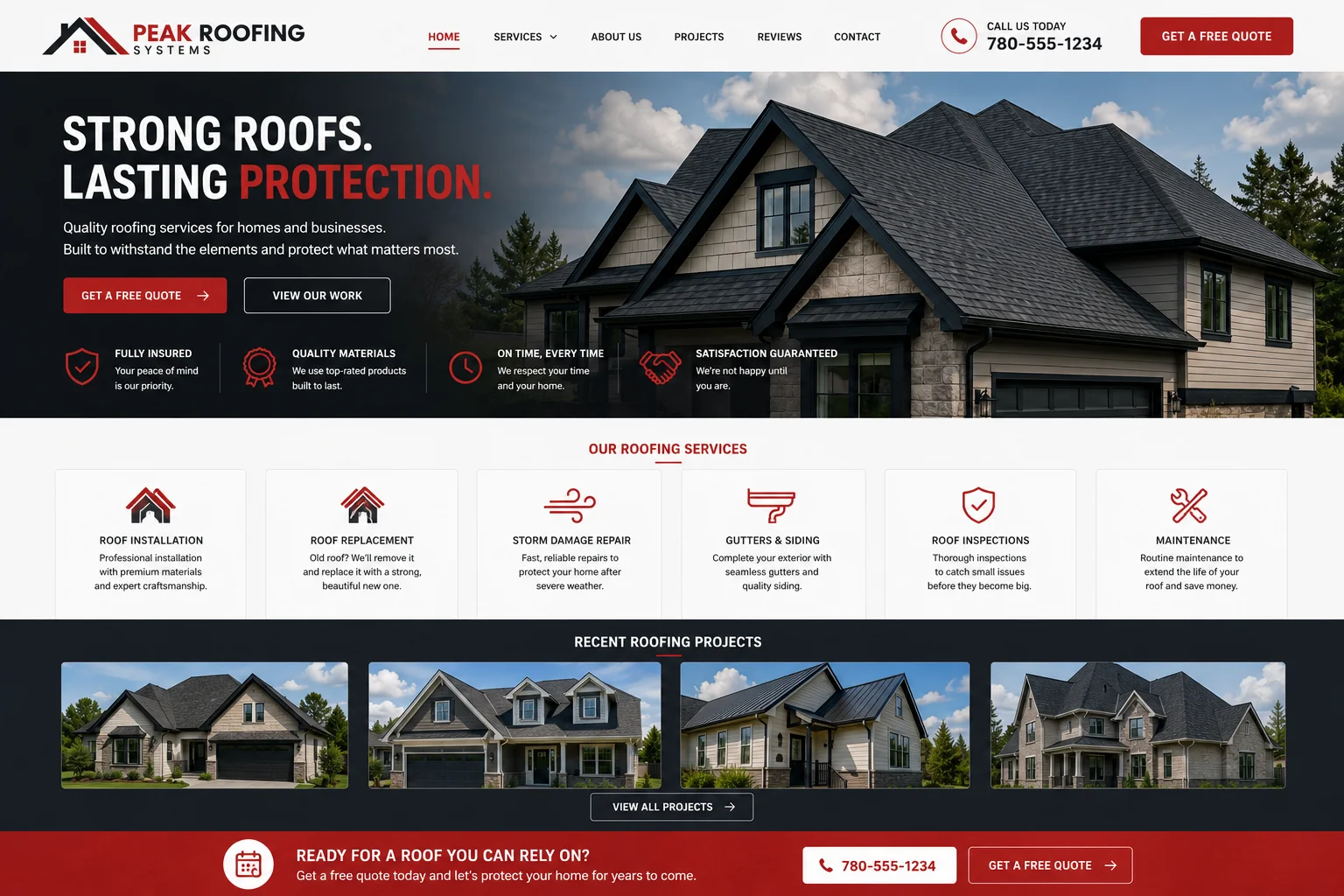 Roofing company website example built by Northern Peak Systems