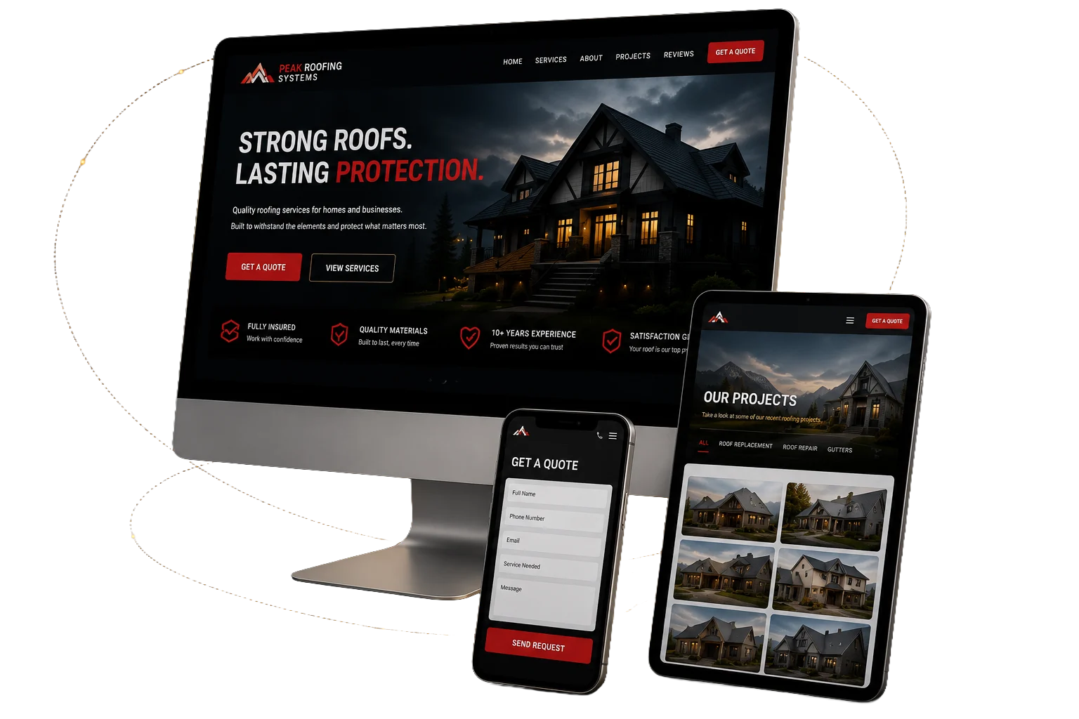 The same contractor website shown on desktop, tablet, and phone