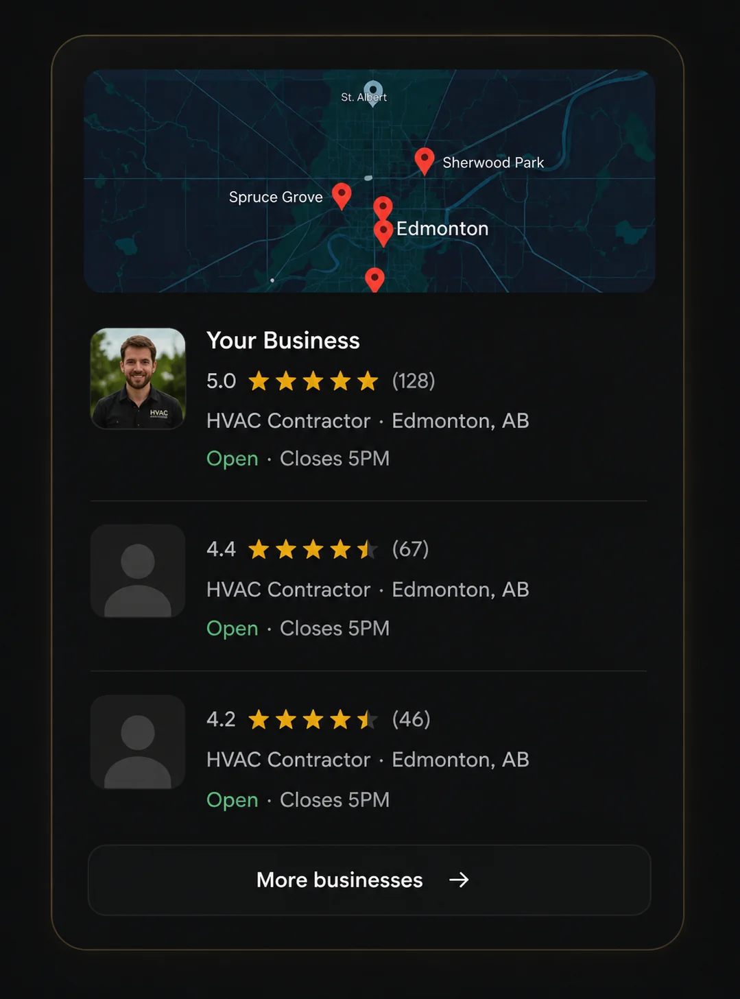 Google map pack showing Your Business ranked first with 5.0 stars in Edmonton local search results