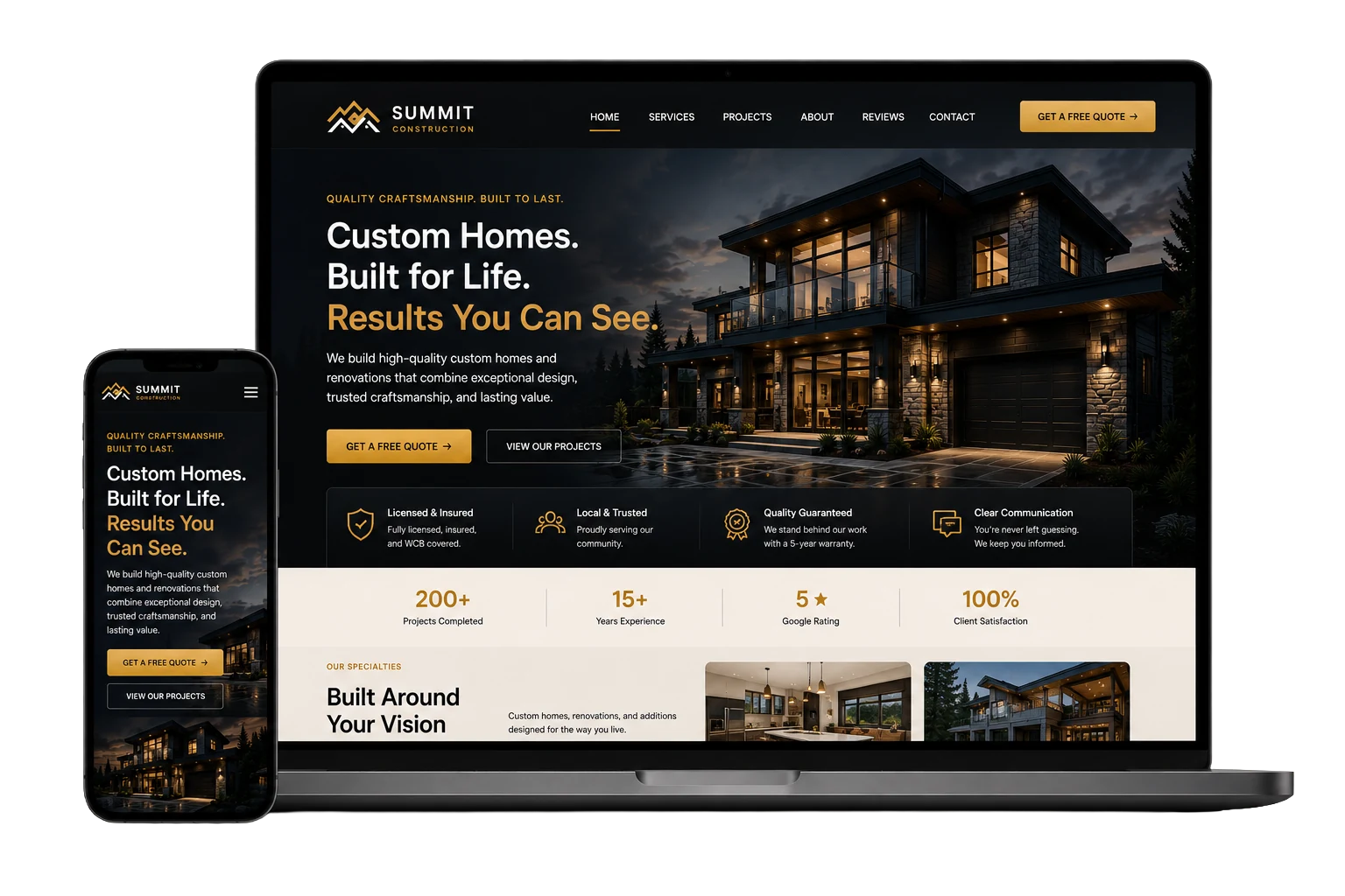 Custom construction-company website design shown on a laptop and a phone