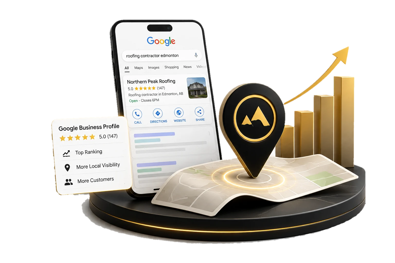 Phone showing a Google search for a local roofing contractor with a top-ranked business profile, map pin, and rising chart