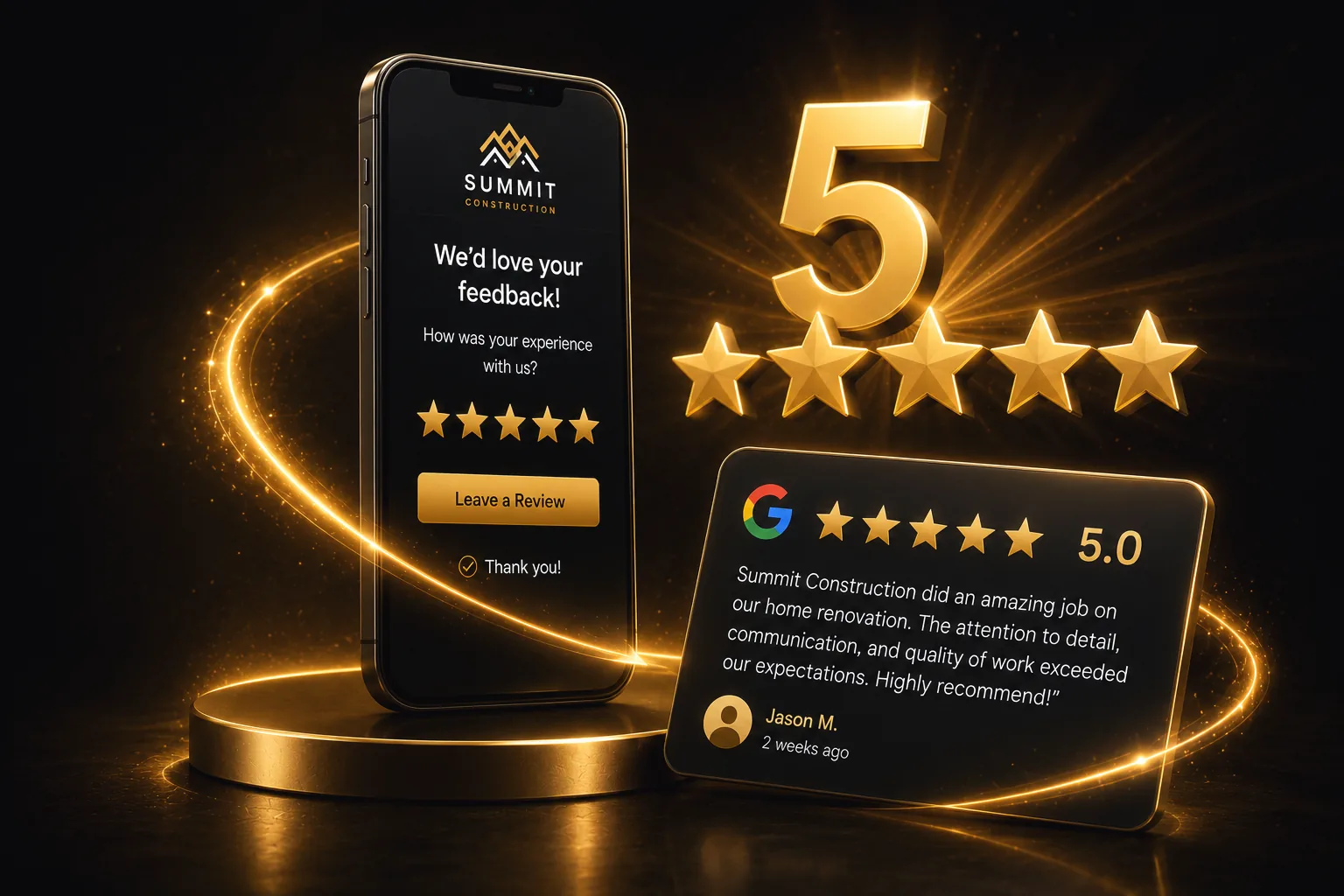 Phone showing a review request with five gold stars and a 5.0 Google review card